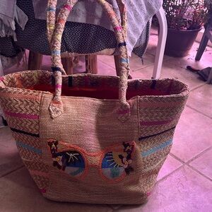 Embroidered Straw Tote with Sunglasses Design